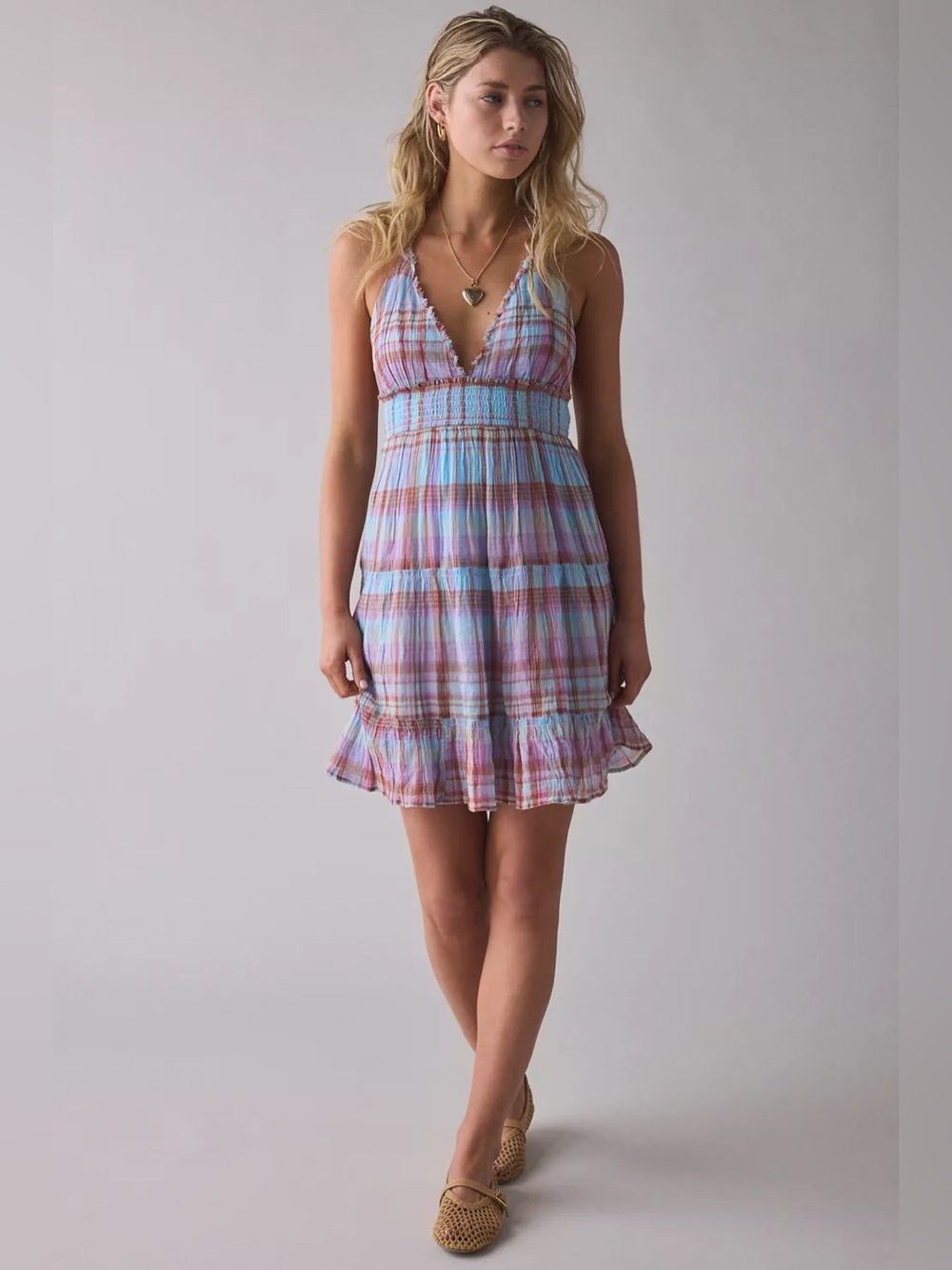 Urban Outfitters Kimchi Blue Plaid Pastel Spaghetti-Strap Sundress- Blue/Purple